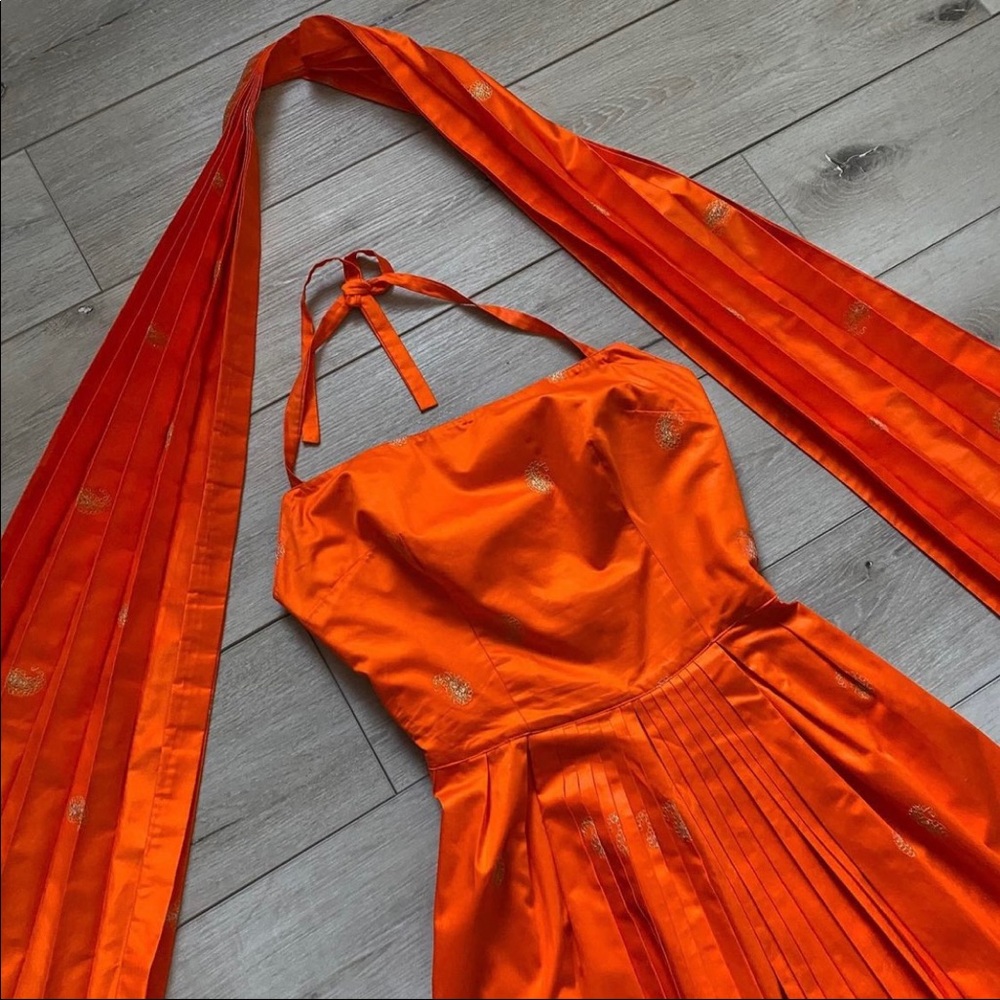 Beautiful orange vintage dress and shawl with gold detailed stitching